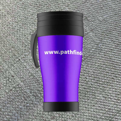 Purple Travel Mug showing Pathfinder Website
