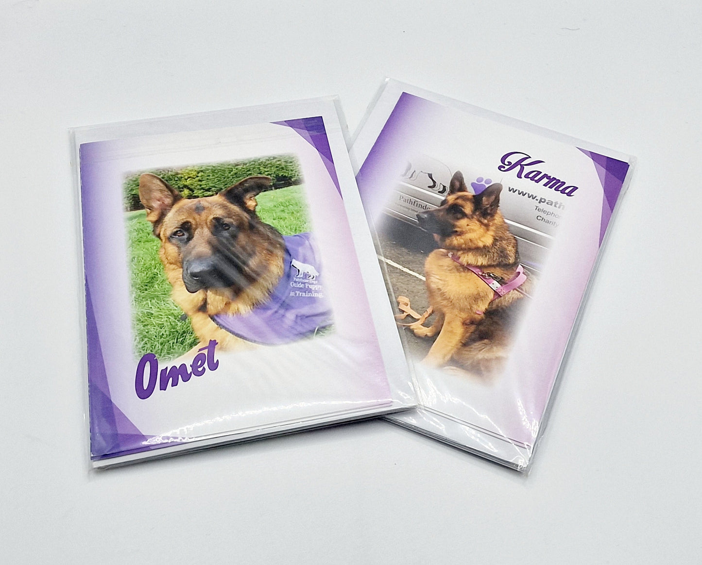 Notelet cards showing Pathfinder Dogs Omet and Karma