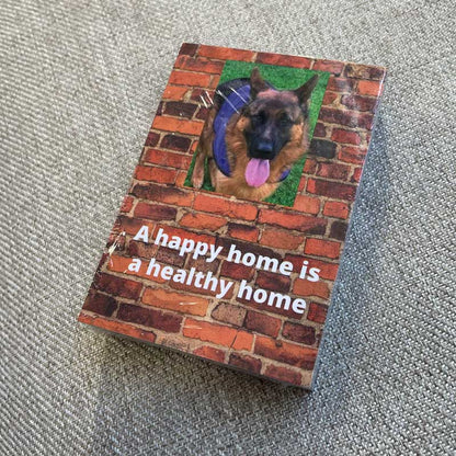 Card showing quote "a happy home a healthy home " and a picture of Omet 